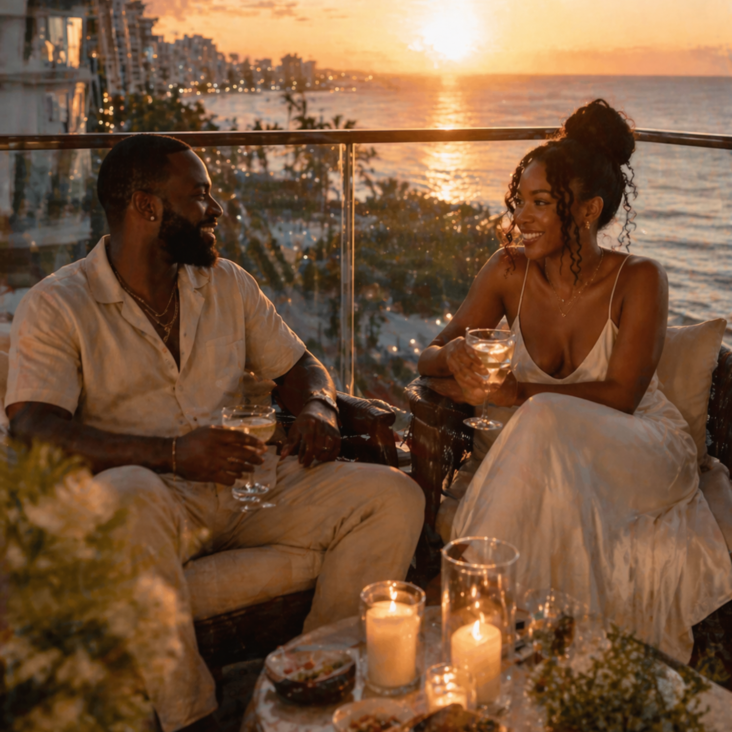 Romantic honeymoon couple sitting on a balcony at sunset with drinks, overlooking the ocean, soft candlelight and golden tones, capturing intimate honeymoon memories and romantic travel moments for lasting memories inspiration