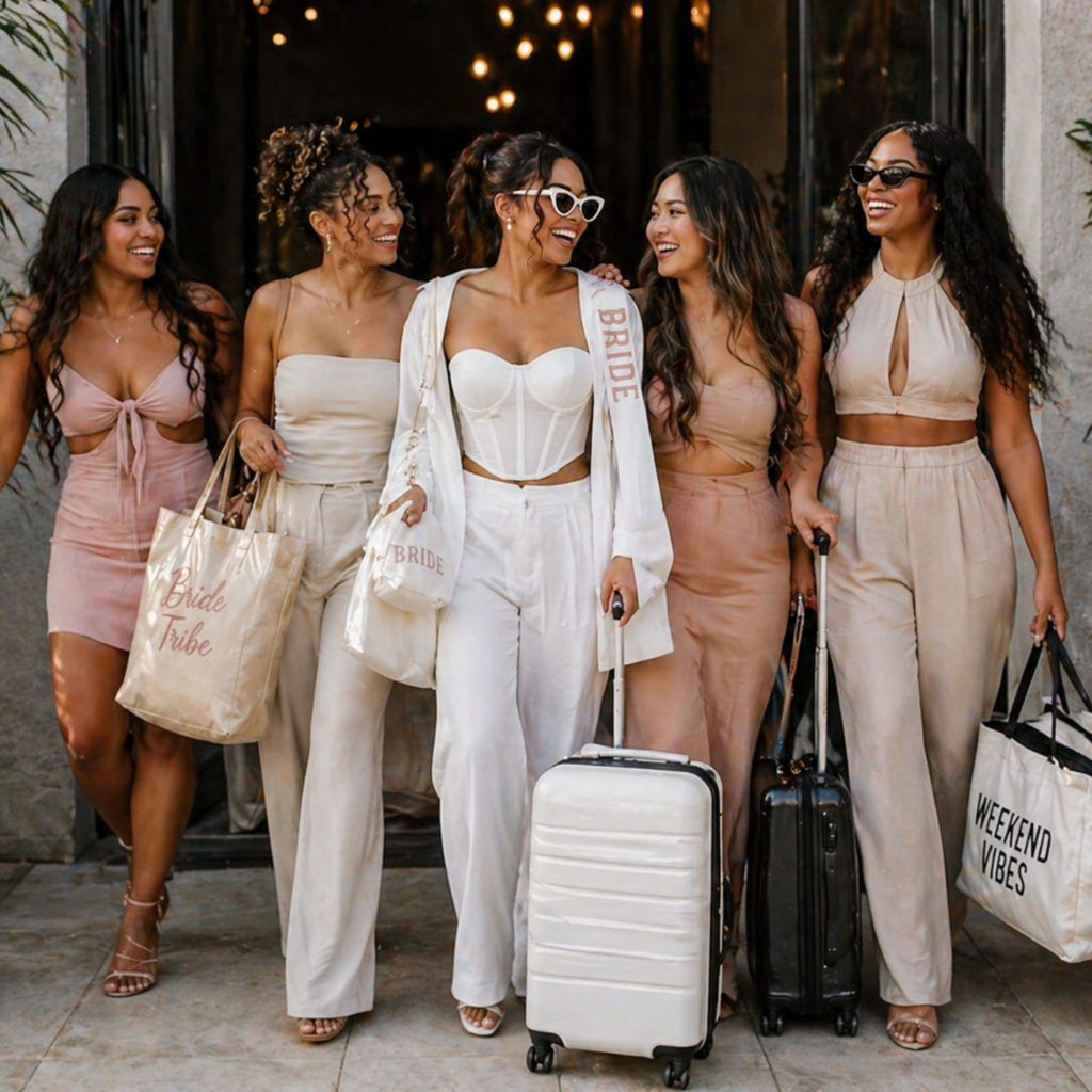 Bachelorette packing list inspiration showing diverse women arriving with suitcases, bride in white outfit at center, stylish outfits and travel essentials for a bachelorette weekend