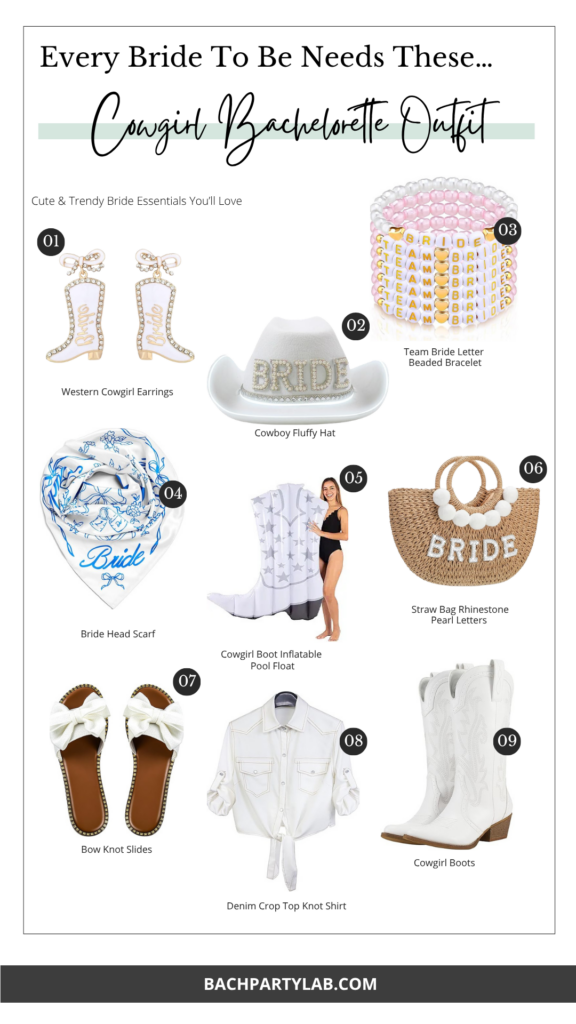 Cowgirl bachelorette outfit ideas featuring white cowboy boots, bride hat, western shirt, beaded bracelets, straw bride bag, scarf, slides and cowgirl accessories for bach weekend