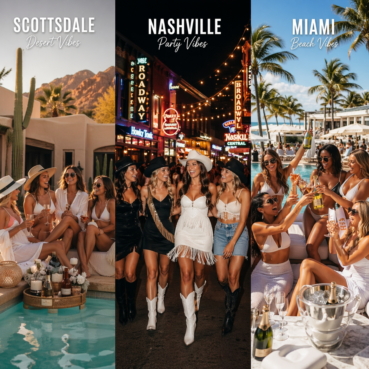 Last night as a single girl bachelorette destinations comparison showing Scottsdale pool party, Nashville Broadway nightlife, and Miami beach club with bride and friends celebrating in stylish outfits, vibrant Pinterest aesthetic scene