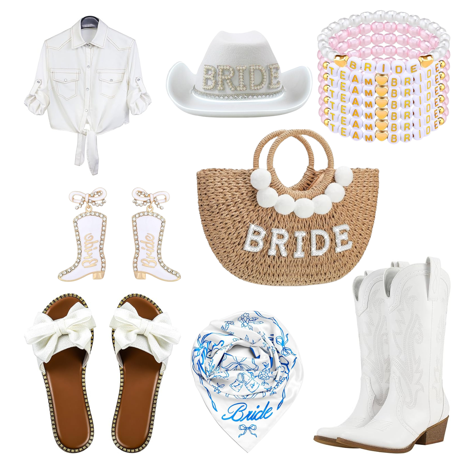 Cowgirl bachelorette outfit ideas featuring white cowboy boots, bride hat, western shirt, beaded bracelets, straw bride bag, scarf, slides and cowgirl accessories for bach weekend