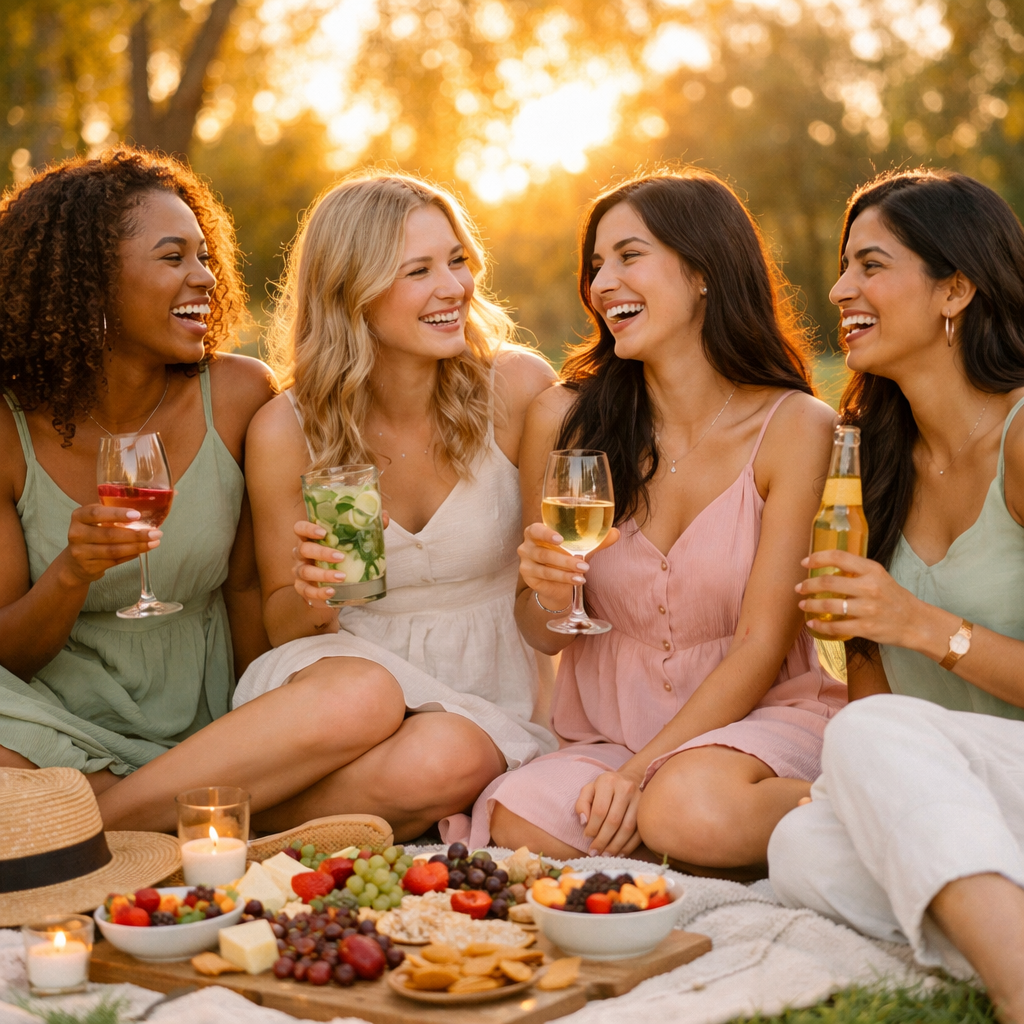 Group of women enjoying a spring friends date picnic at sunset, sitting on a blanket with drinks and charcuterie board, laughing together in warm golden hour light, perfect friends date idea for May outdoors