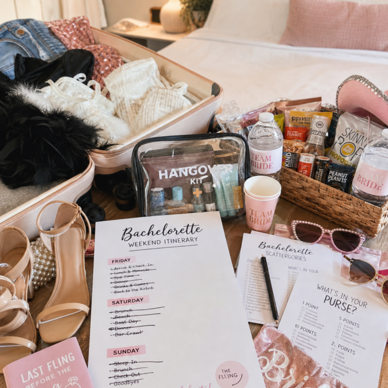 Bachelorette mistakes to avoid with overpacked weekend itinerary, open suitcase, party outfits, hangover kit, snacks, water bottles, and printed bachelorette games in a cosy Airbnb bedroom.