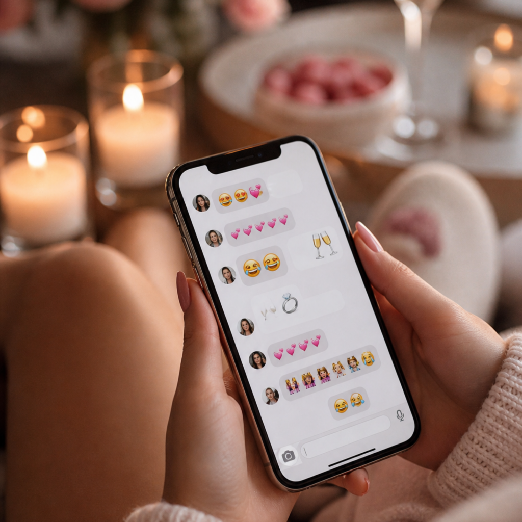 Bachelorette group chat ideas on smartphone screen with emojis and wedding countdown messages, bride squad chatting during wedding week in cozy setting