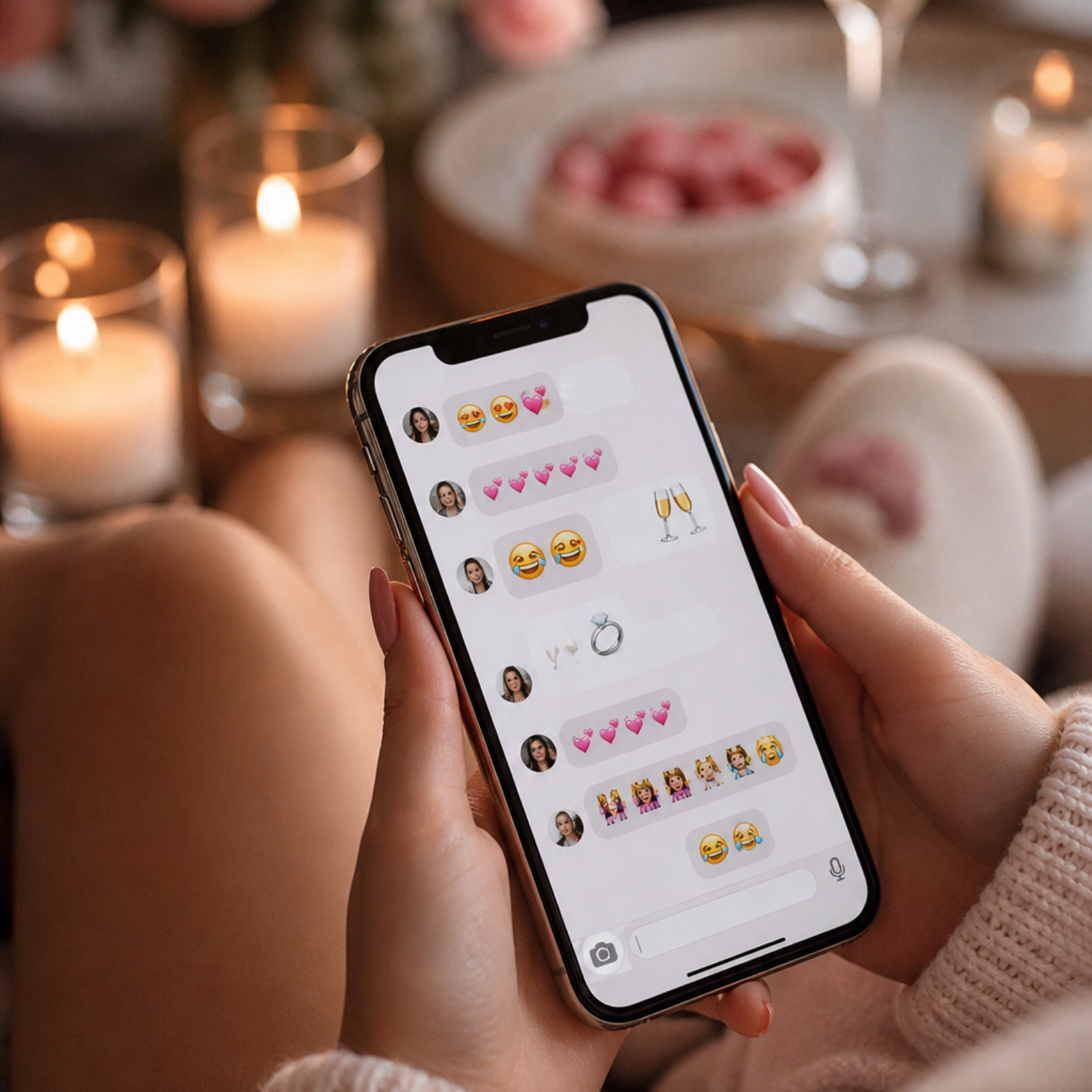 Bachelorette group chat ideas on smartphone screen with emojis and wedding countdown messages, bride squad chatting during wedding week in cozy setting