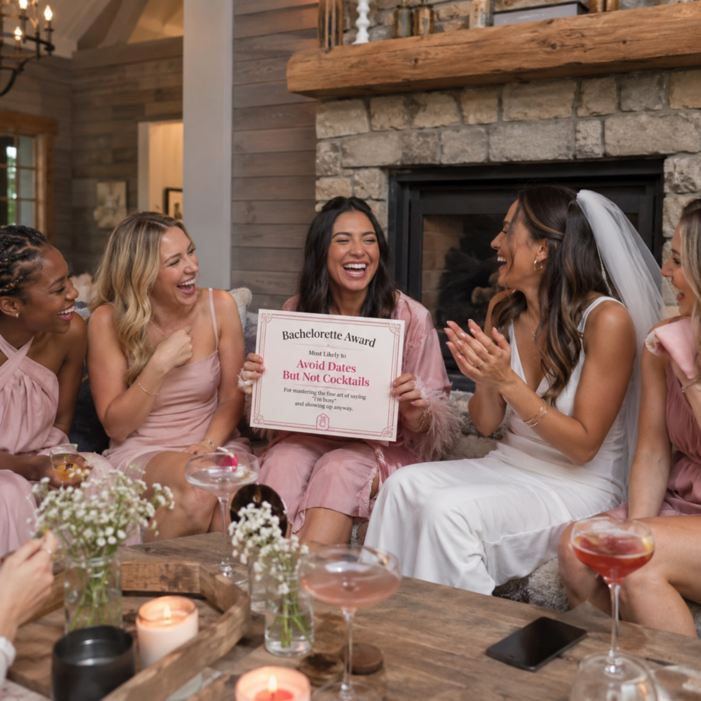 Printable bachelorette party awards certificates styled with champagne, pink ribbons, mini prizes and bridal shower decor.