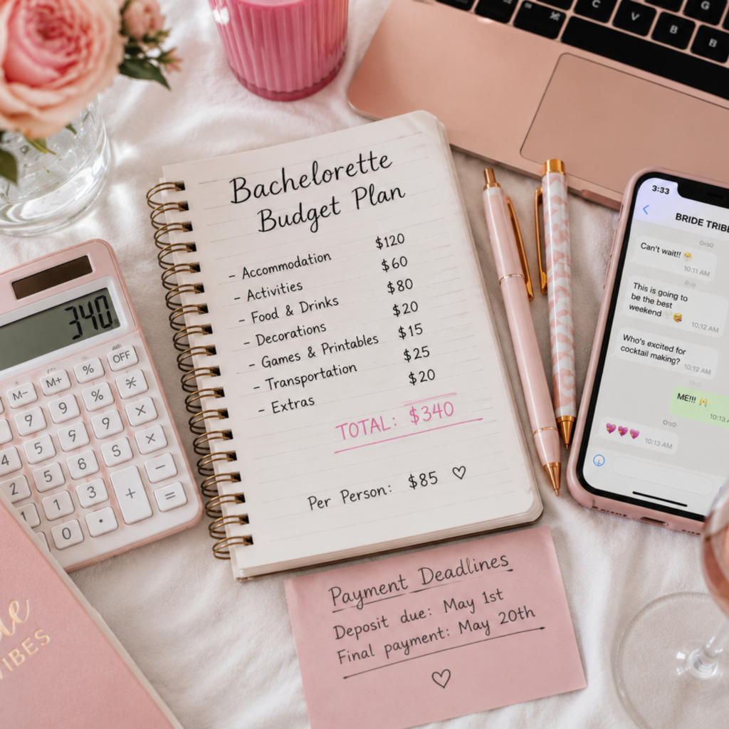 Bachelorette budget planning flat lay with notebook, calculator, laptop and group chat for hen party organisation