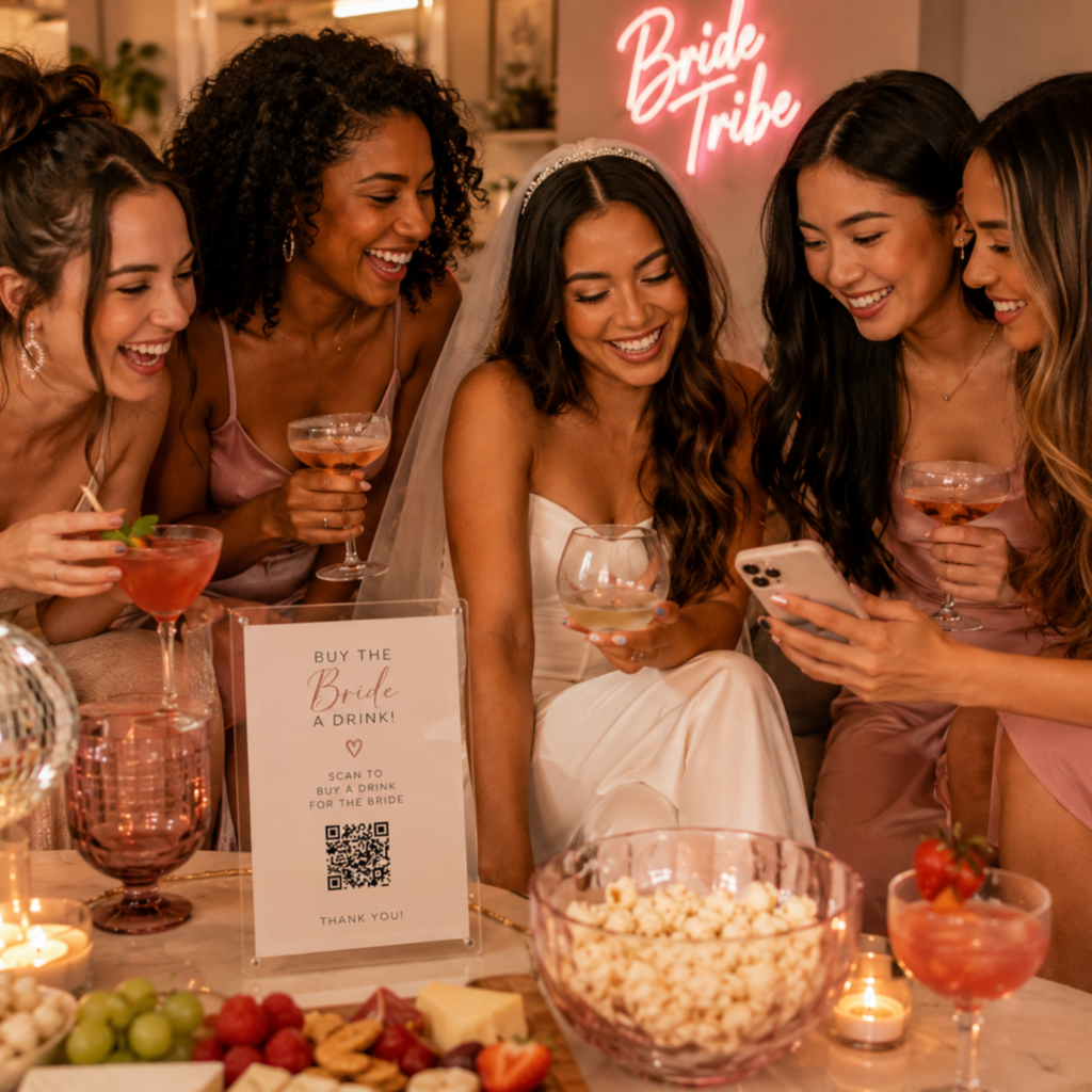 Bachelorette party QR code signs on a stylish welcome table with cocktails, charcuterie board, candles and bridal party decor at a modern Airbnb girls weekend celebration.