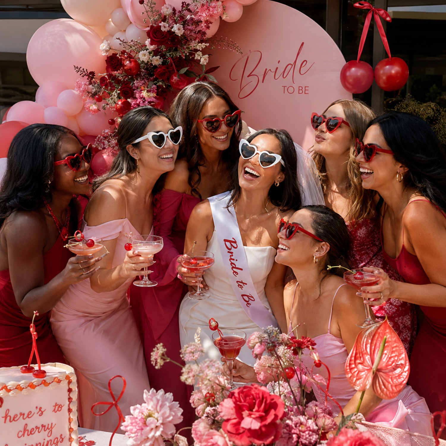 She’s the Cherry on Top bachelorette party setup with cherry red, blush pink, cream and soft gold decor, cherry balloon garland, welcome sign, cocktails, candles, floral centrepieces and elegant table styling for a cute cherry themed hen party or bridal shower.