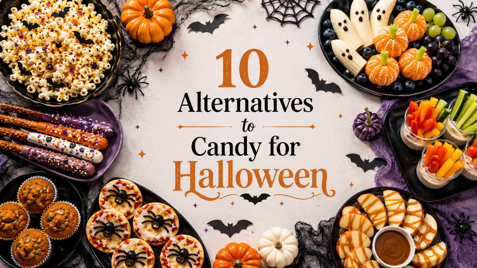 Halloween food ideas with alternatives halloween candy, including spooky popcorn, fruit pumpkins, banana ghosts, mini pizzas, veggie cups, pretzel rods, muffins and apple slices.