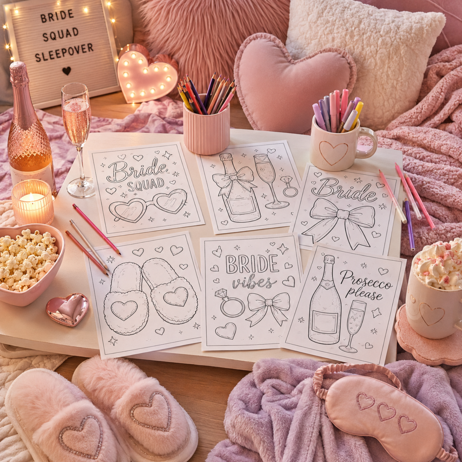 Cozy Bachelorette Party activities setup with printable coloring pages, pink pyjamas, prosecco, popcorn, candles, slippers, and bride sleepover decor for a girls night in.