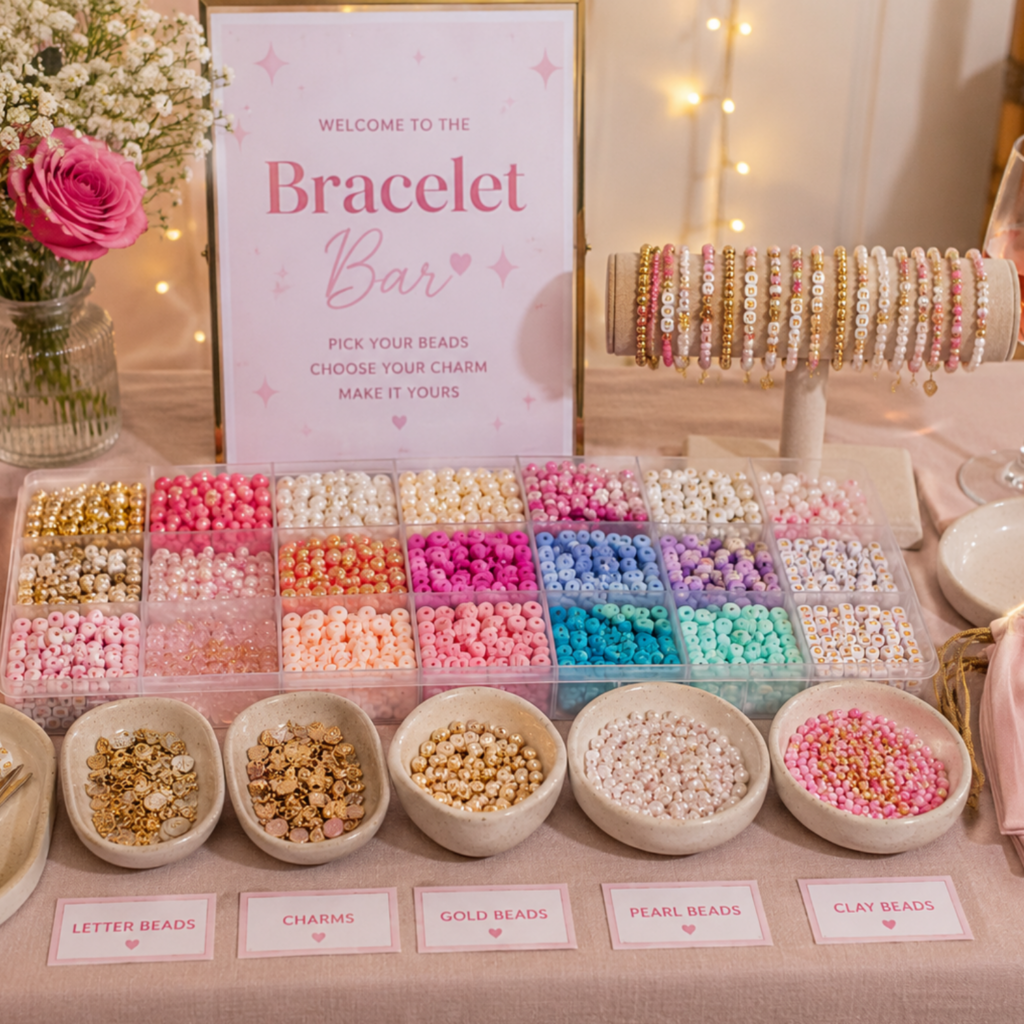 DIY Bracelet Making girls night bracelet bar with beads, charms, pearl beads, letter beads, flowers, wine, and cute party decor.