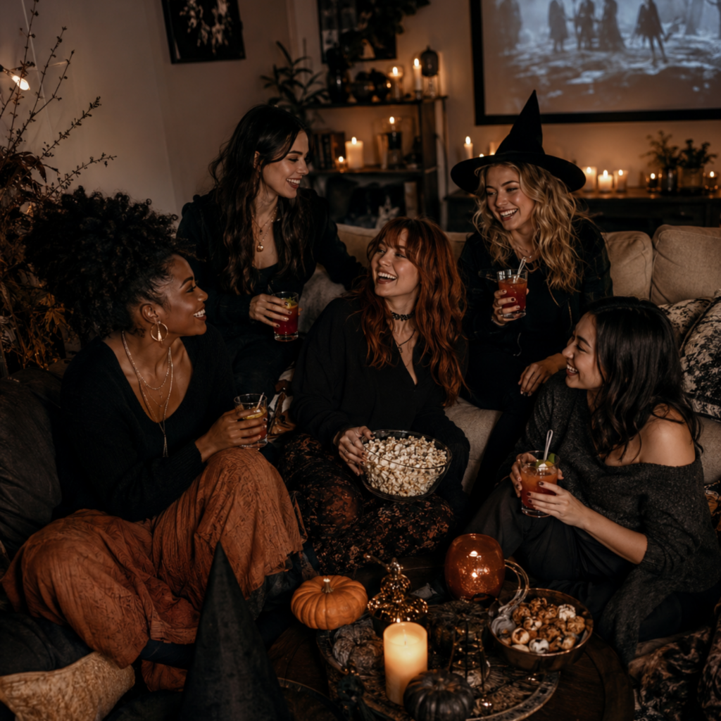 Halloween girls night movie night with diverse women, cozy witchy decor, pumpkins, candles, snacks, drinks, and spooky party vibes.