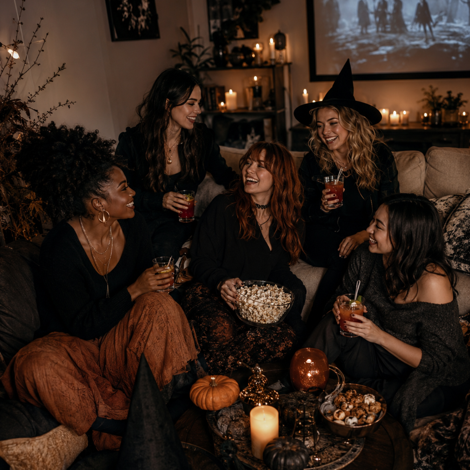 Halloween girls night movie night with diverse women, cozy witchy decor, pumpkins, candles, snacks, drinks, and spooky party vibes.