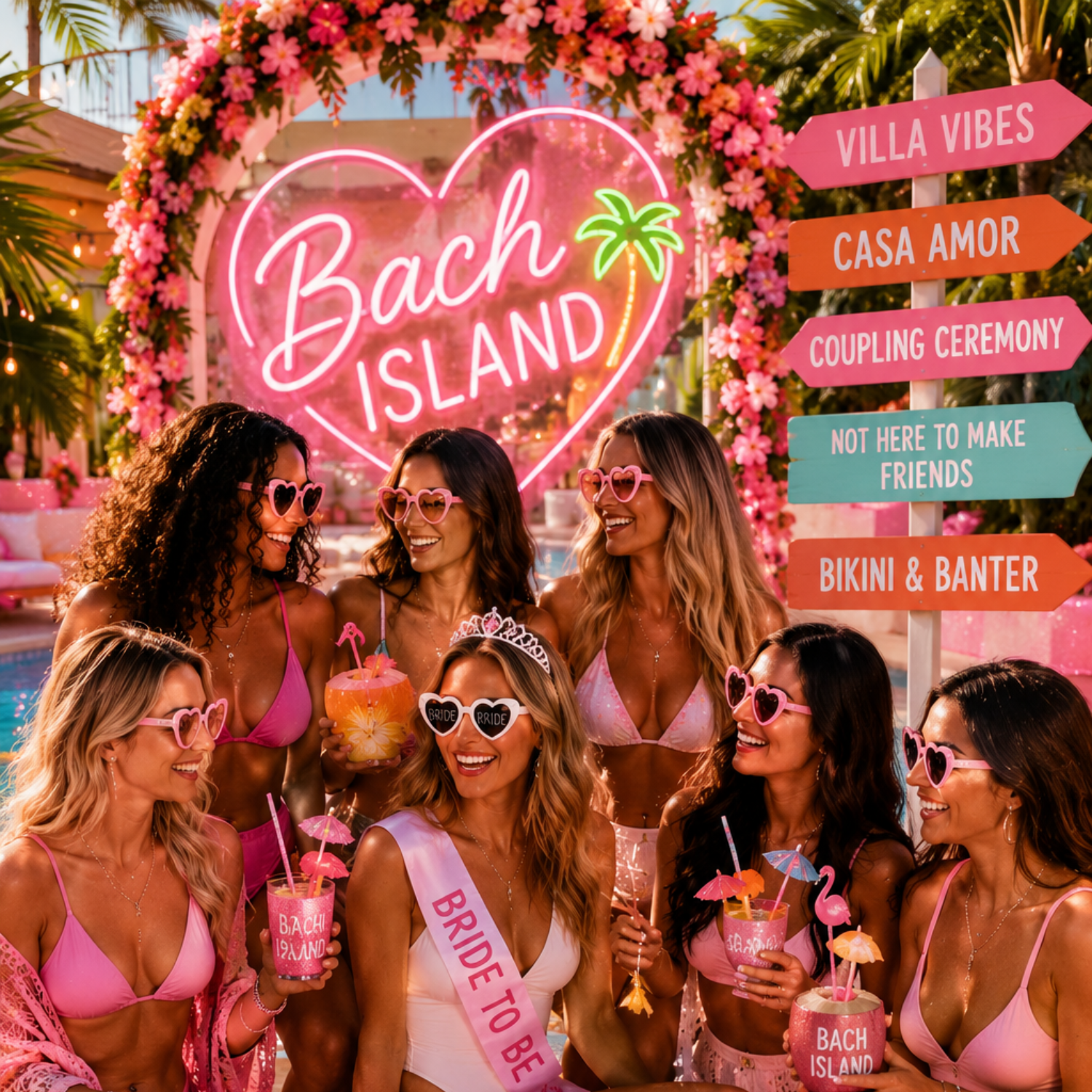 Love Island Bachelorette Party villa weekend with bride tribe, pool party games, tropical decor, and fun WhatsApp group names.