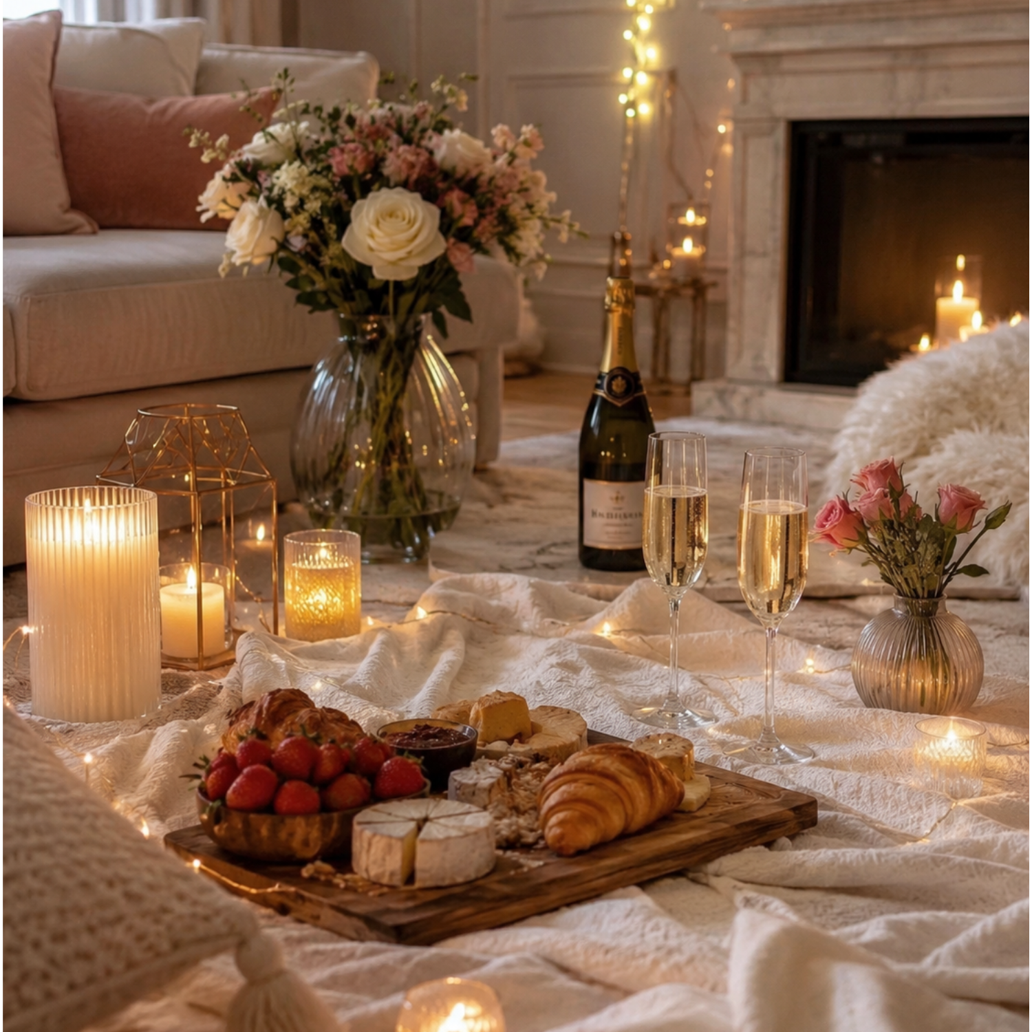 Romantic picnic at home with candles, fairy lights, cozy blanket, sparkling drinks and elegant date night food setup