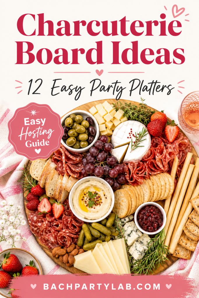 Charcuterie board ideas for easy parties with cheese, crackers, fruit, olives, dips and cured meats, featuring 12 easy party platter ideas from Bach Party Lab.