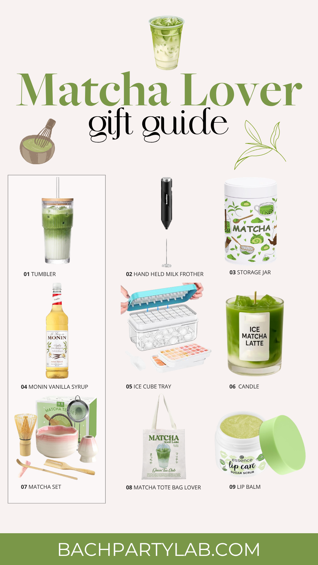 Matcha lover gift guide with cute matcha gifts including candles, frother, syrup, tote bag, matcha set, and lip balm.