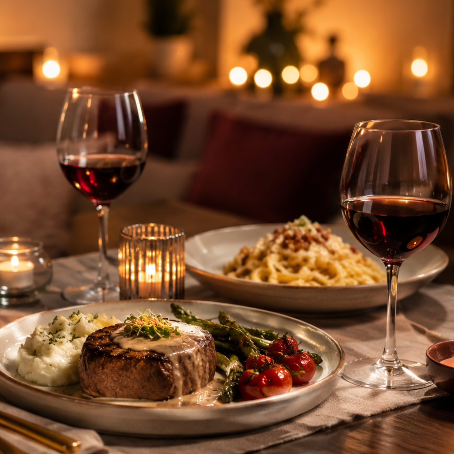 Romantic date night meals with steak, creamy pasta, wine, candles and red roses set for an intimate dinner at home.