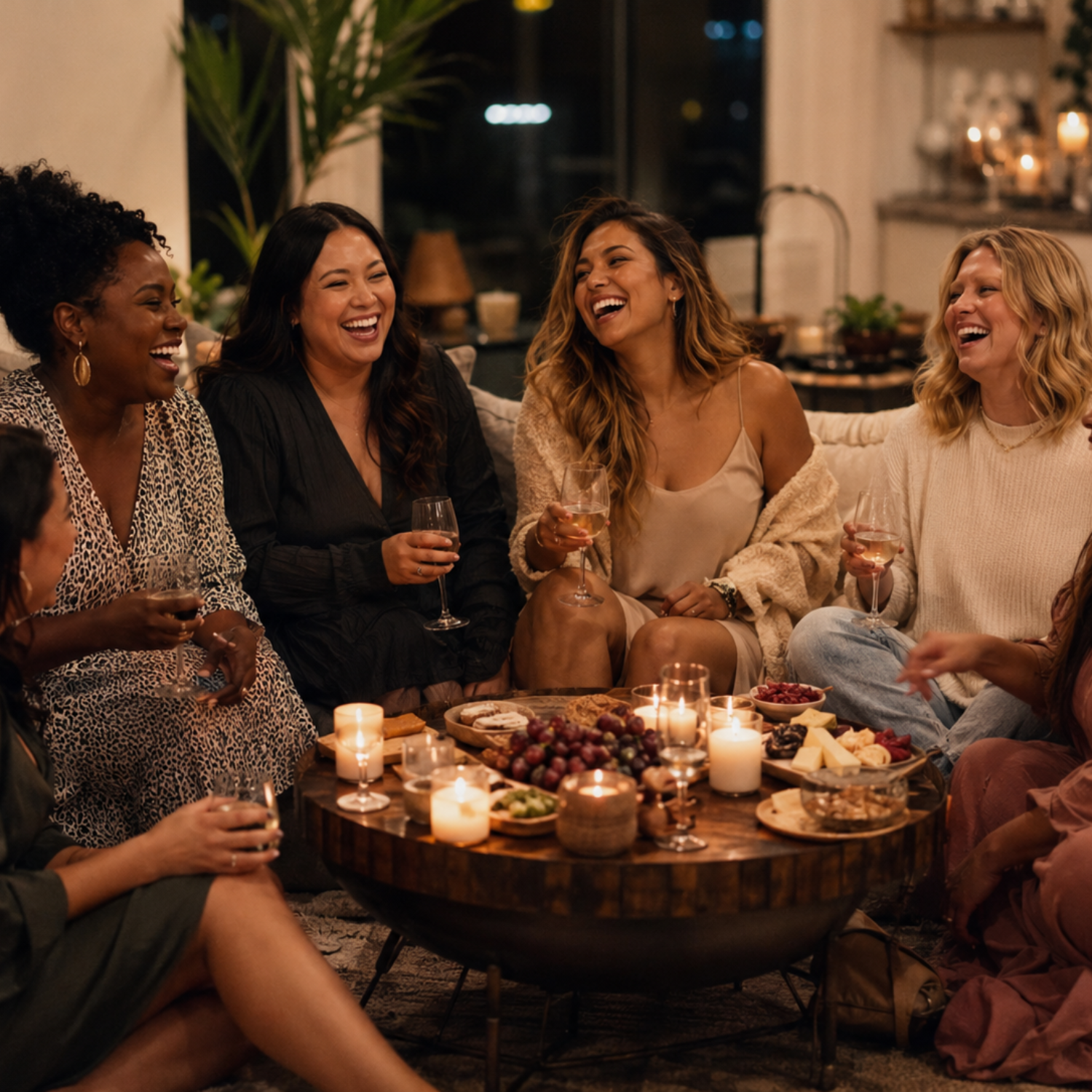 Diverse group of women enjoying girls night ideas at home with snacks, drinks, candles and cozy seasonal party decor.