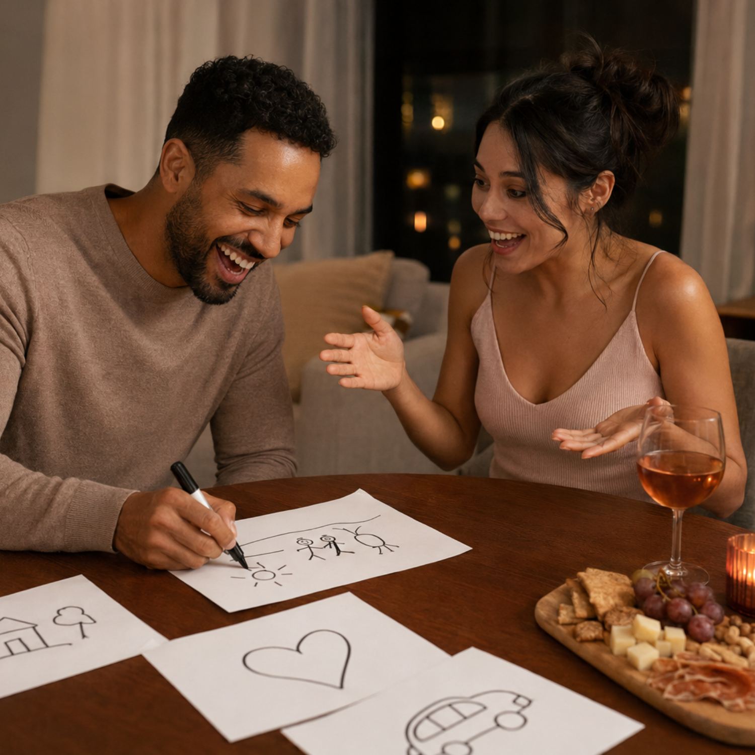 Pictionary date night with a couple drawing and guessing their favourite relationship memories at home.