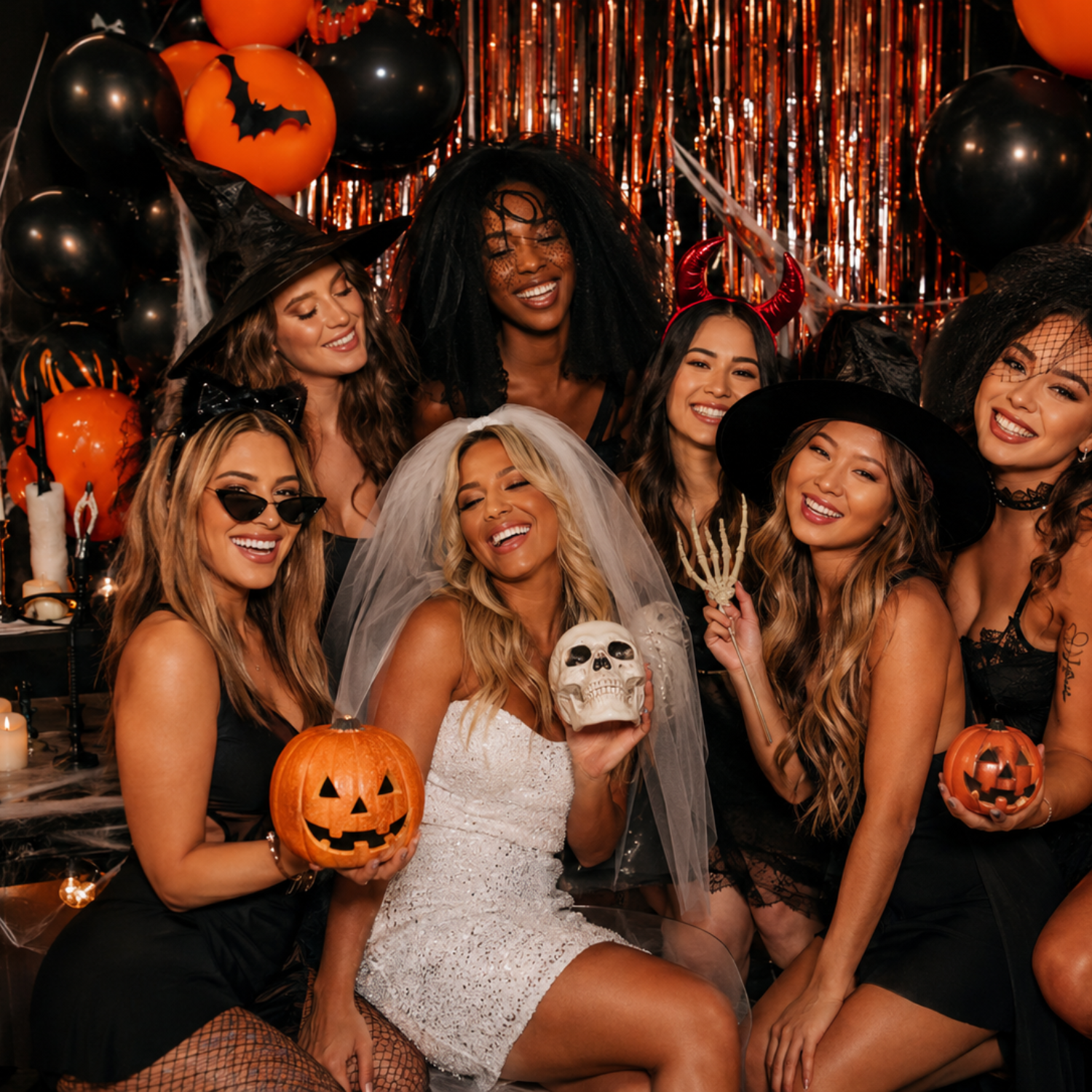 Halloween bachelorette photo booth with a diverse bride tribe posing with spooky props, pumpkins, witch hats, and Bride or Die party decor.