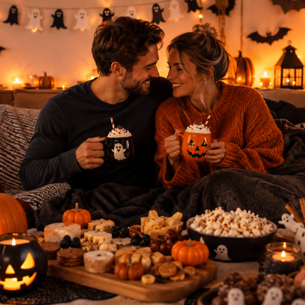 Halloween date night ideas at home with a cozy couple, spooky snacks, pumpkins, candles, popcorn and romantic Halloween decor.