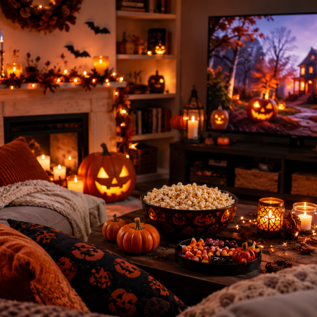 Halloween movies blog cover with cozy Halloween movie night setup, pumpkins, popcorn, candles, spooky decor, and a glowing TV screen.