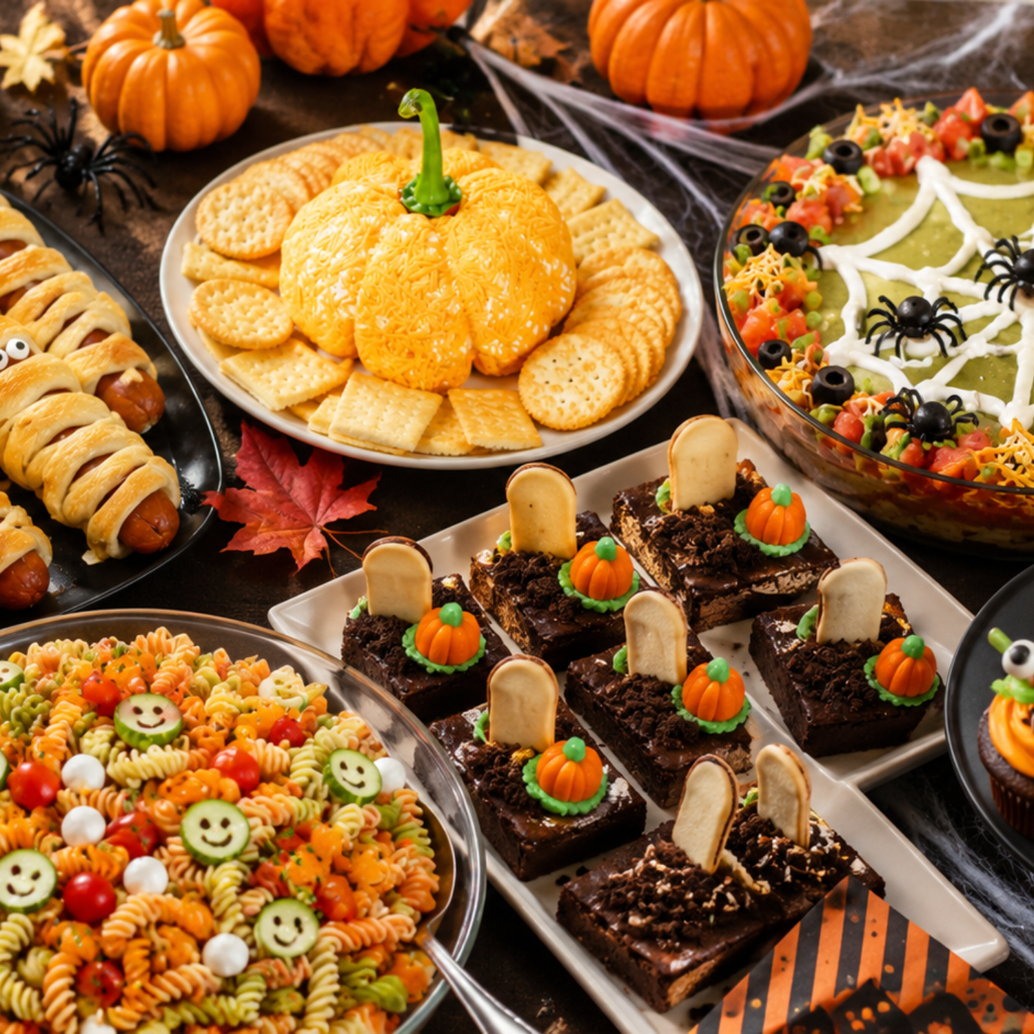 Halloween potluck ideas with spooky party food, mummy hot dogs, pumpkin cheese ball, spiderweb dip, pasta salad, brownies, and monster cupcakes.