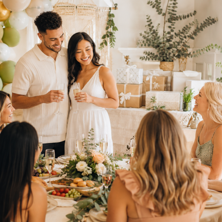 a Couple shower celebration with the happy couple, friends, food, drinks, balloons, gifts, and elegant party decorations.