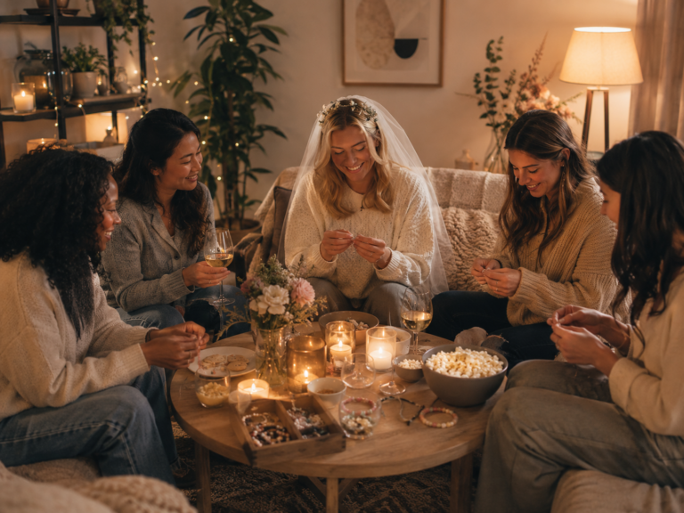 Introvert-friendly bachelorette party with the bride and friends enjoying a cosy bracelet-making night at home.