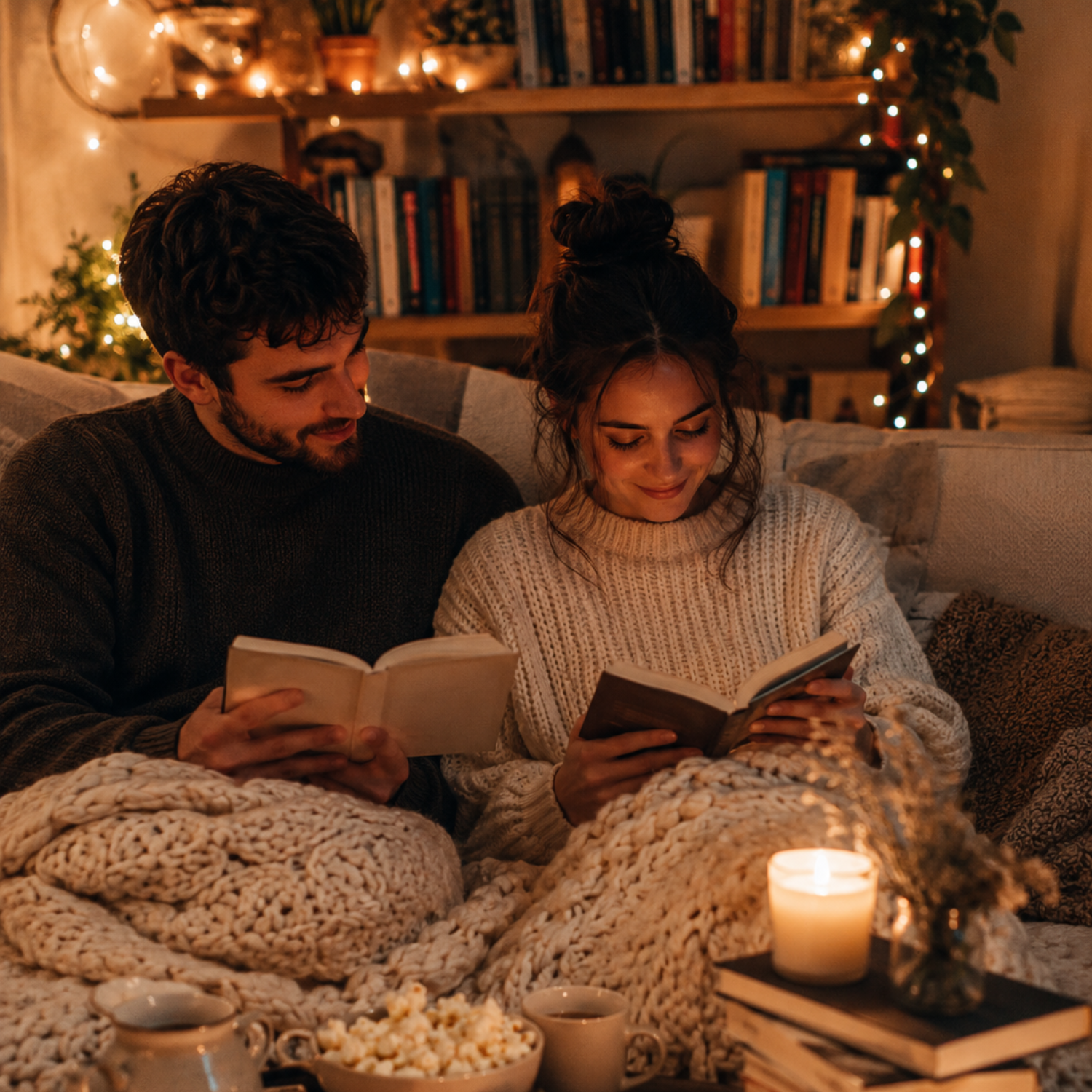 Bookish couple date night at home with a cozy couple reading together on the sofa, candles, books, blankets, and snacks for a romantic reading date night.