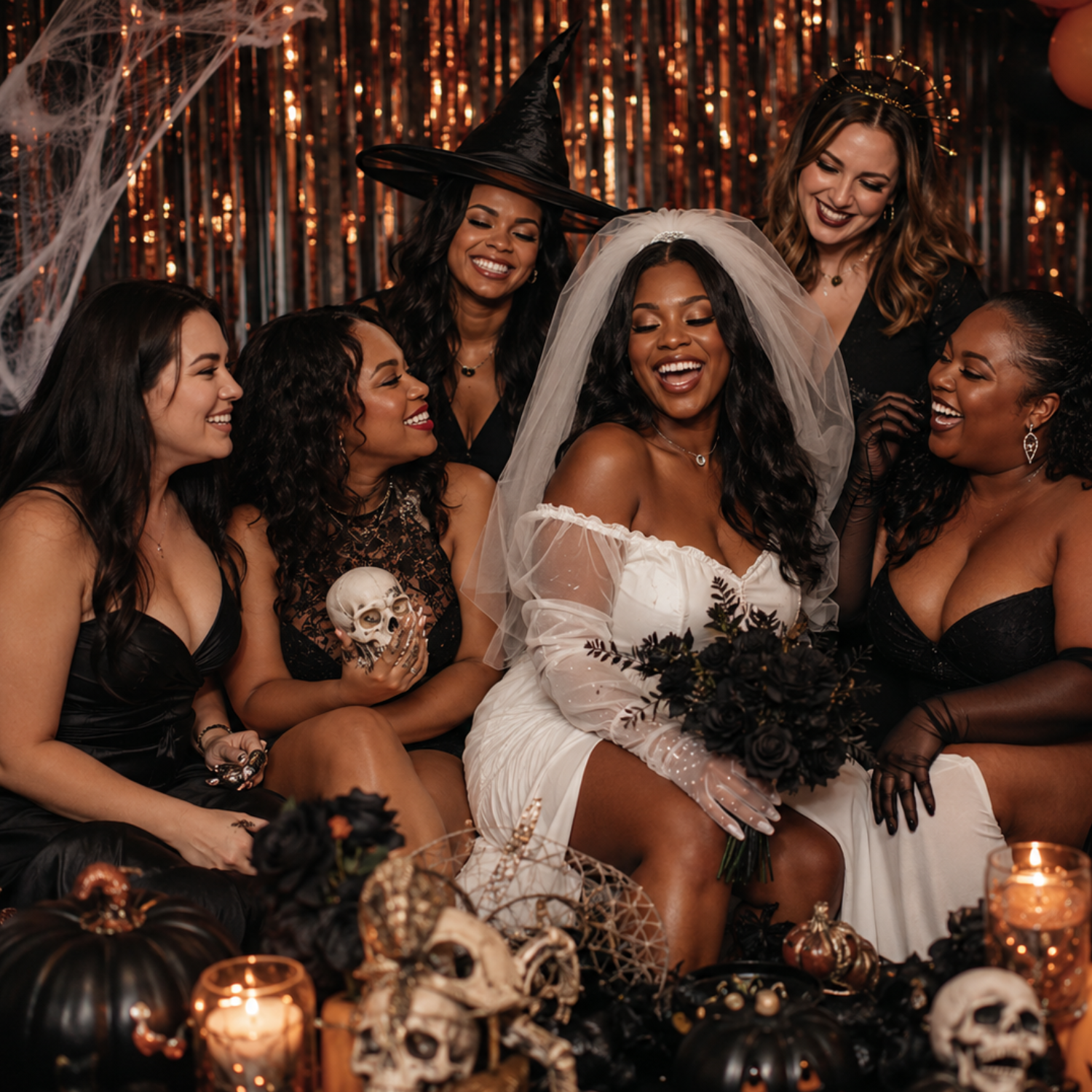 Halloween bachelorette party themed photo with a Black bride in a white veil surrounded by her bride tribe, spooky decor, pumpkins, candles, and glamorous party props.