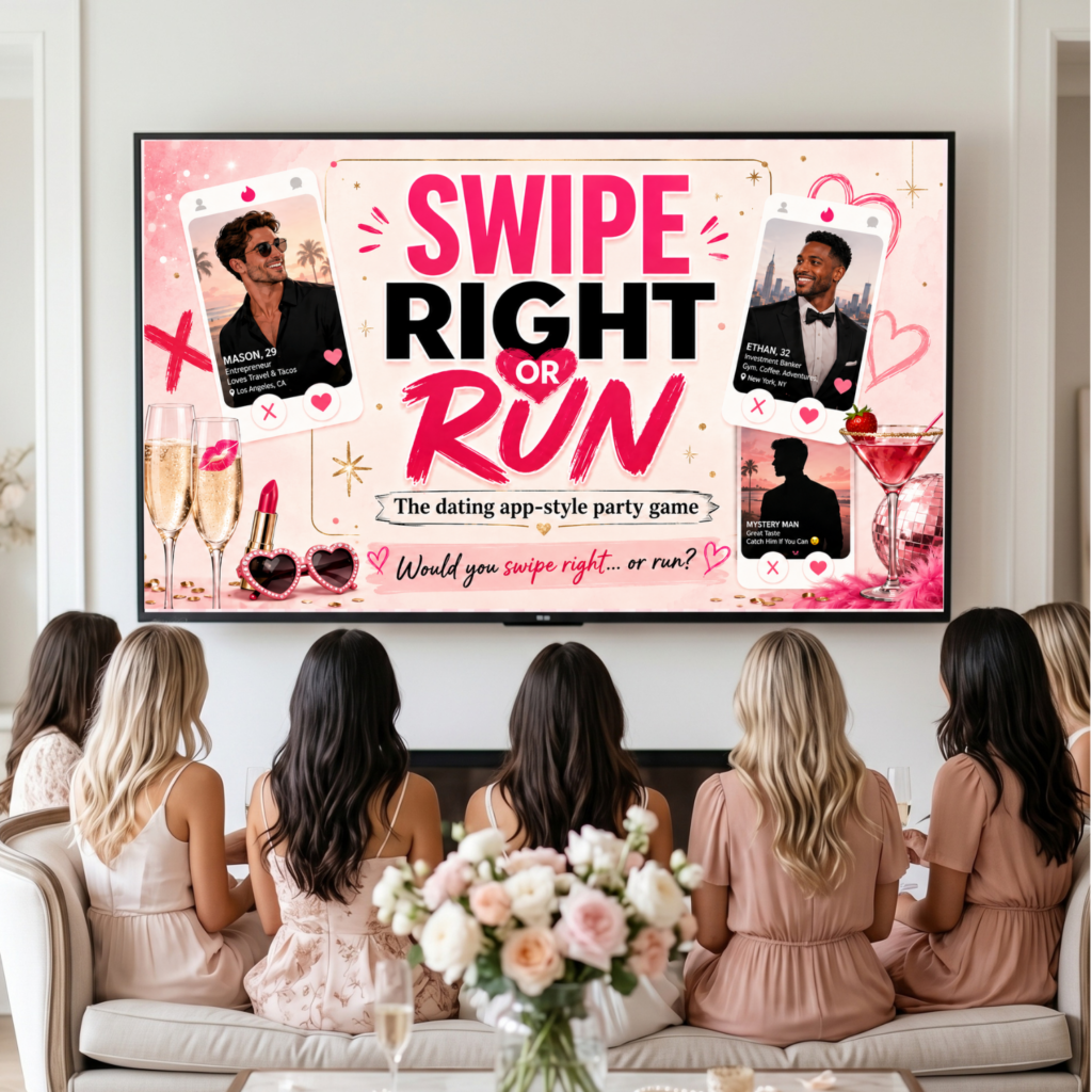 Swipe right game for girls night and bachelorette party with women holding voting cards for a funny dating app party game.