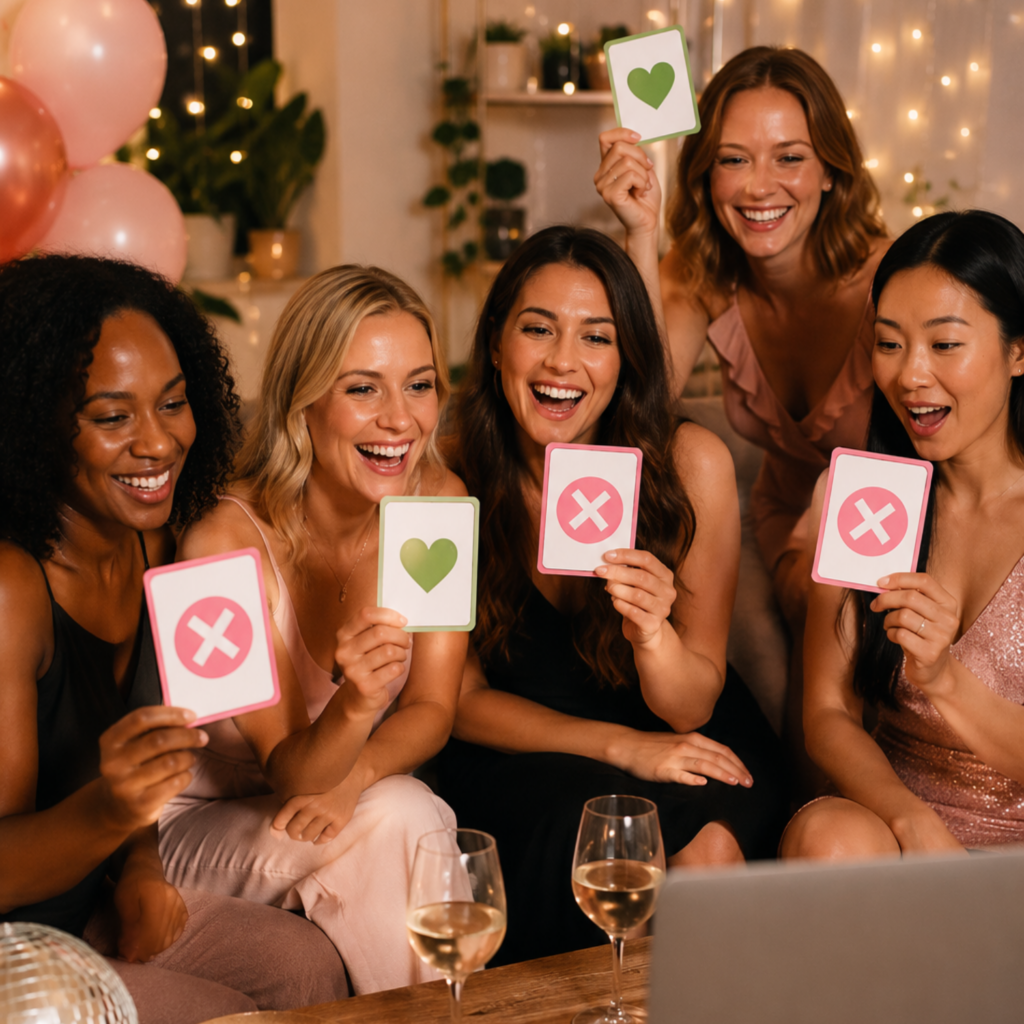 Swipe right game for girls night and bachelorette party with women holding voting cards for a funny dating app party game.